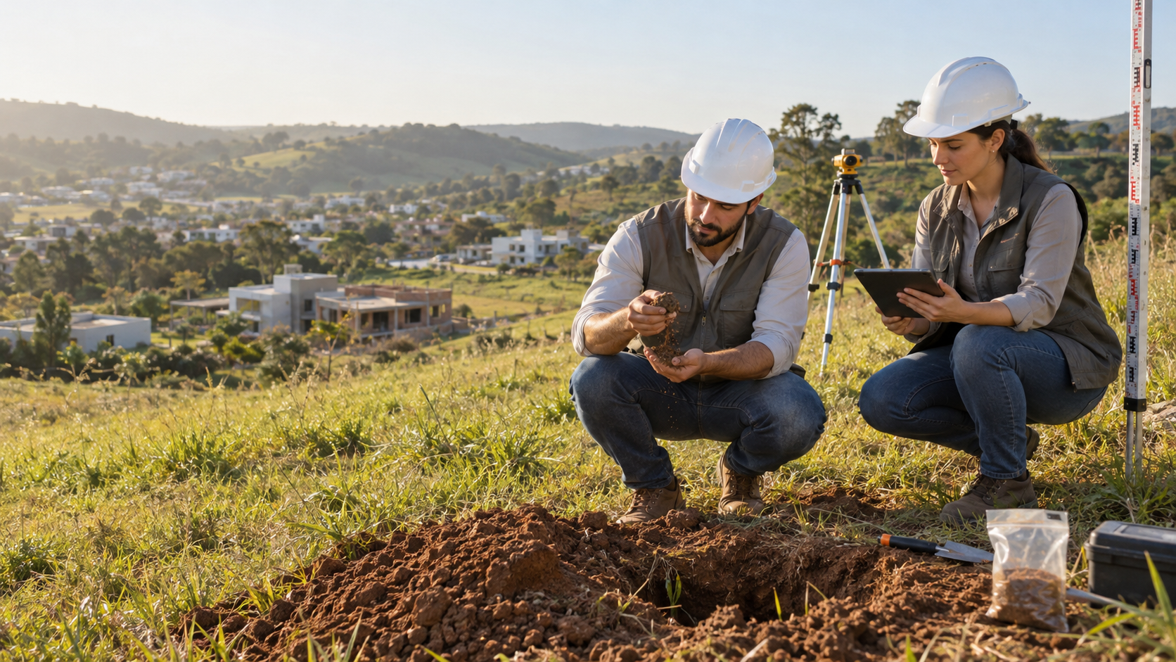 Profissionais avaliando o solo e a topografia de um terreno antes da construção
